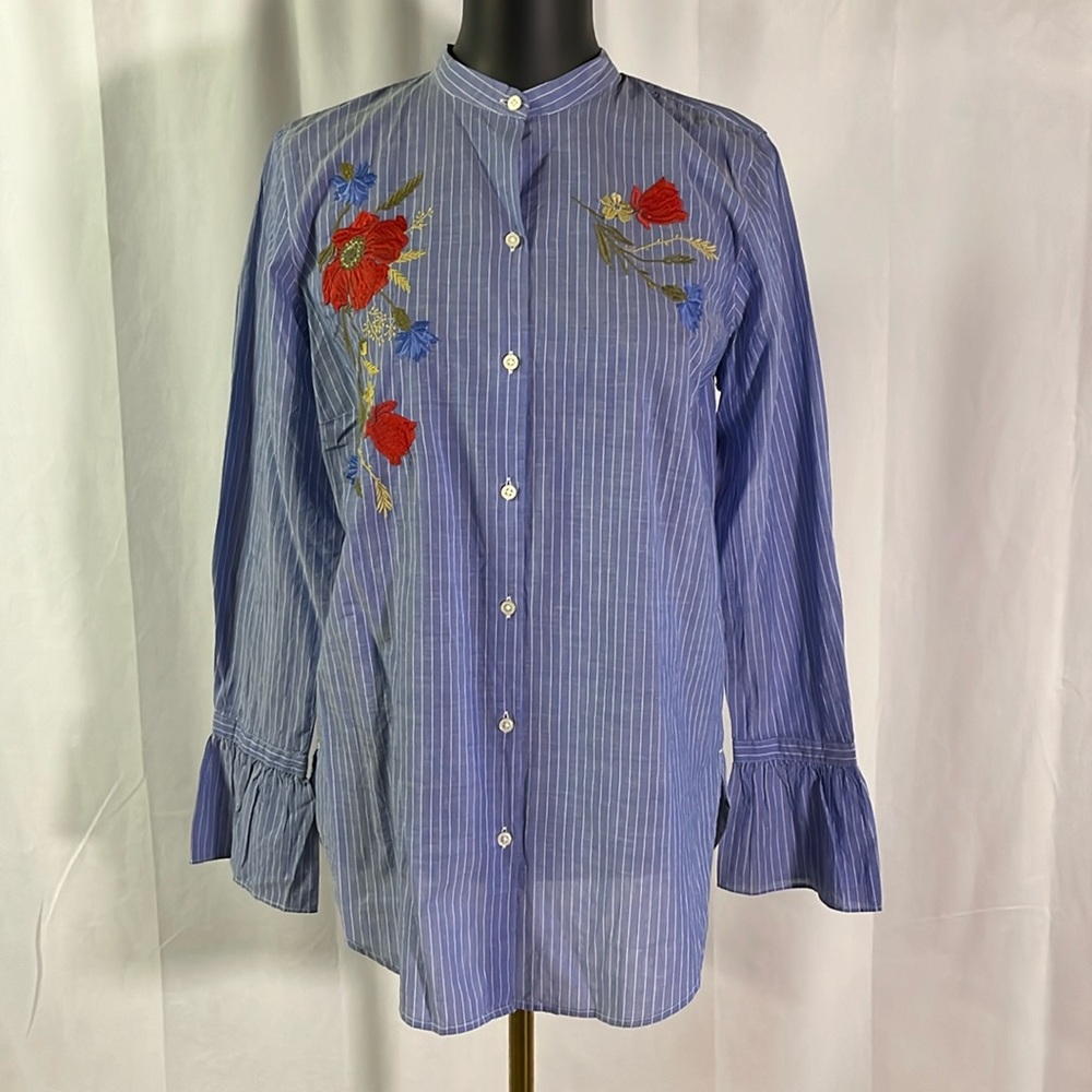 NWT LOFT Blue & White Striped Embroidered Floral Button Front Bell Sleeve Top